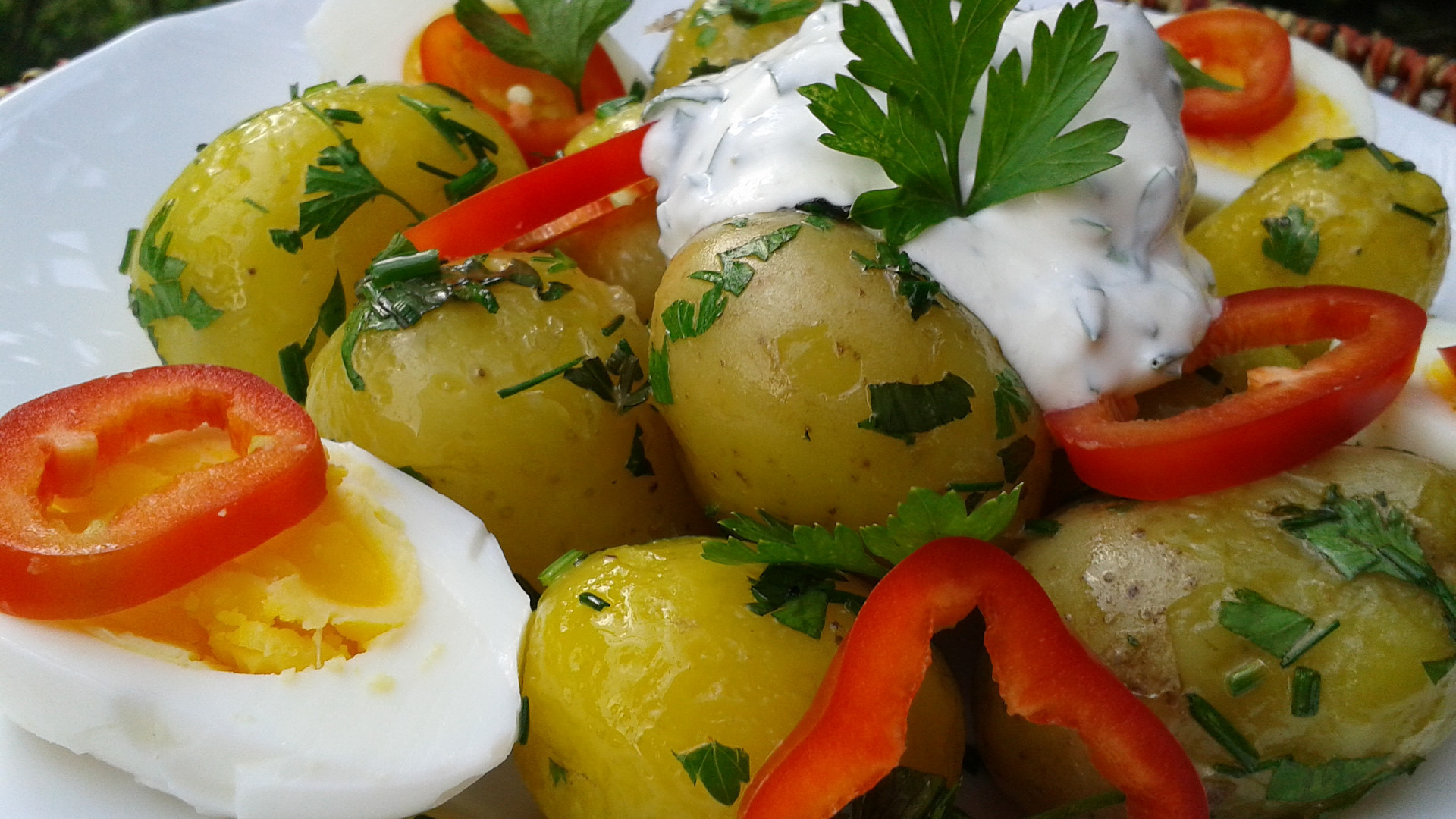 Nové brambory s bylinkami, smetanou a vejci