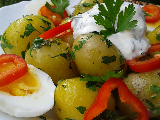 Nové brambory s bylinkami, smetanou a vejci