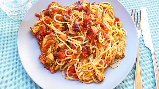 Špagety s rajčaty a kuřecím masem, Špagety s rajčaty a kuřecím masem