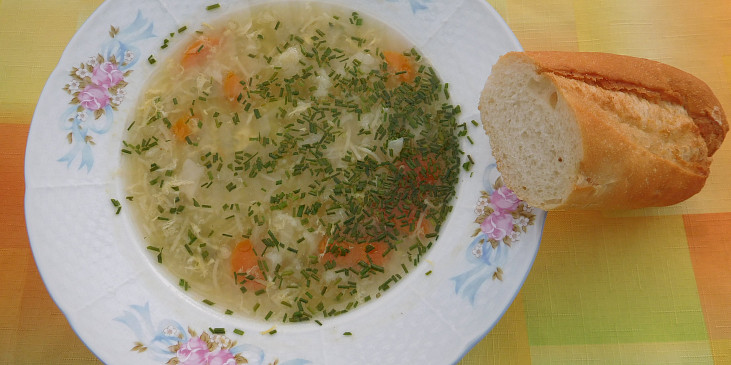 Zeleninová polévka s vajíčkem a nudlemi - s  bagetou