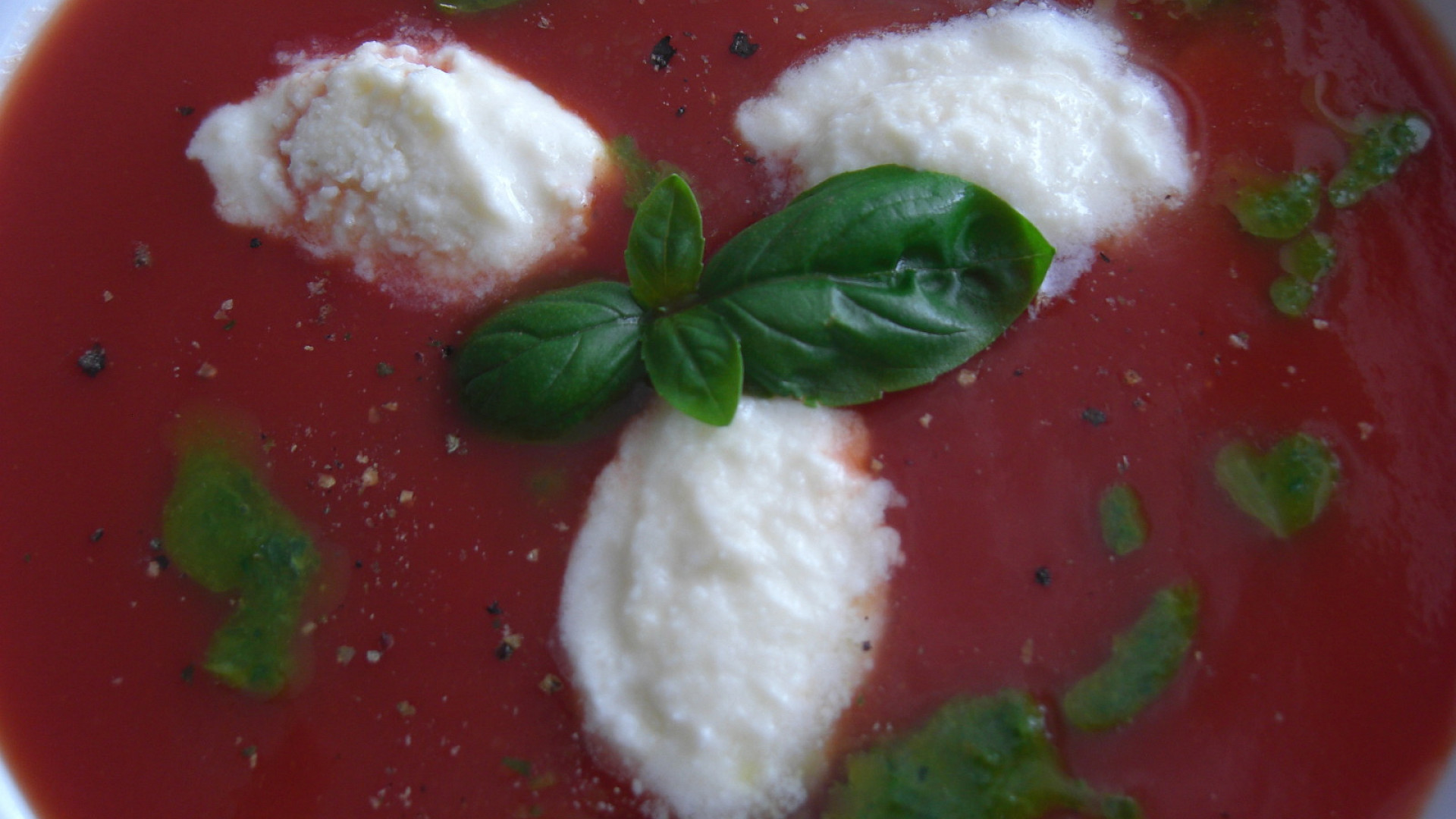 Studená rajčatová polévka s bazalkovým olejem a parmezánovou zmrzlinou