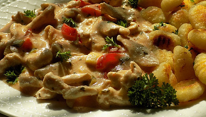 Kuřecí nudličky v jogurtové omáčce s křupavými gnocchi