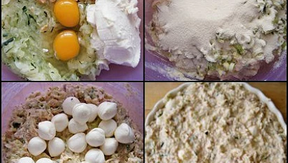 Cuketový koláč s brynzou, mozzarellou a uzeninou