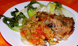 Kuřecí stehýnka s červenou čočkou a čínskym zelím