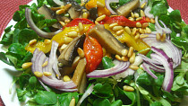Teplý salát z hub s červenými a žlutými paprikami