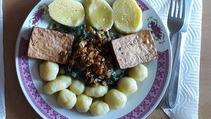 Bramborové knedlíky s baby špenátem a tofu plátky