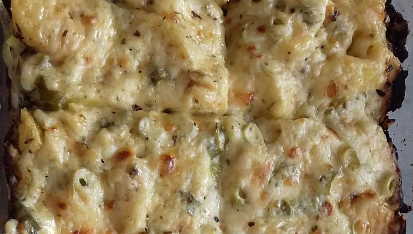 Zapečený květák v parmezánovém bešamelu, Varianta se zapečenými braborami a jarní cibulkou