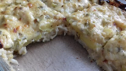 Zapečený květák v parmezánovém bešamelu, Varianta se zapečenými braborami a jarní cibulkou