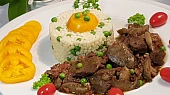 Krůtí játra na pepři, hrubozrnné hořčici s uzeným a žampiony