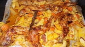 Marinované králičí předky, pečené na bramborách
