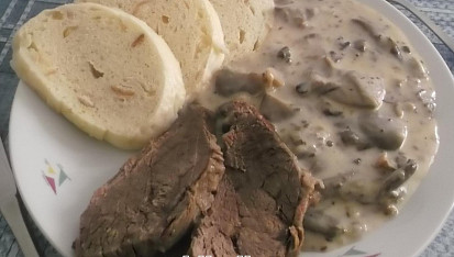 Omáčka z hlívy ústřičné, s domácím houskovým knedlíkem a vařenou hov. kližkou