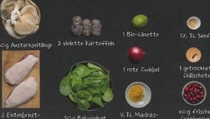 Křehká kachní prsíčka s čerstvými brusinkami, hlívou ústřičnou a fialovými bramborami, Ingredience 2 porce