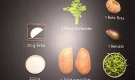Orientální 'Kumpir' ze sladkých brambor s rukolou, avokádem, koriandro-kyselou smetanou a chipsy