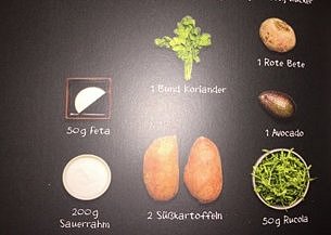 Orientální 'Kumpir' ze sladkých brambor s rukolou, avokádem, koriandro-kyselou smetanou a chipsy, Ingredience pro 2 porce