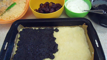 Drobenkový koláč s mákem, ovocem a tvarohem