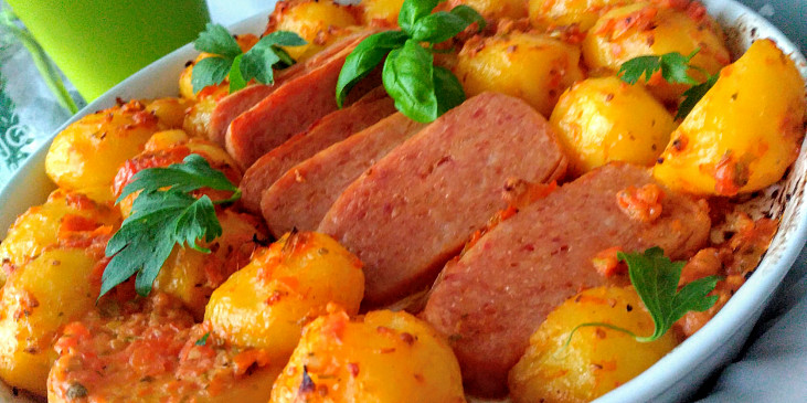 Tomatovo-bylinkové brambory, pečené v jedné nádobě s luncheon- meat