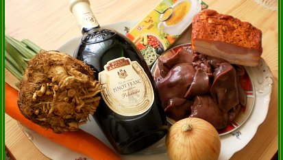 Husí játra v zelenině na červeném víně, část použitých surovin