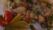 Kuřecí ragú s liškami a kyselými okurkami