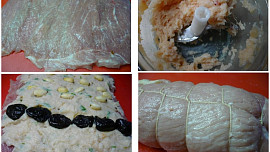 Vepřová roláda s kuřecím masem, mandlemi a sušenými švestkami