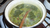 Nudlová špenátovo uzená polévka s houbami, vaříme...