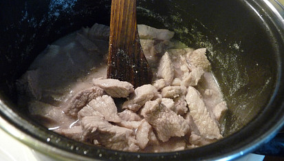 Vepřové nudličky v jogurtové marinádě s bylinkami, restování masa