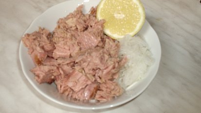 Grilované brambory s tuňákem, tuňáka smícháme s cibulkou a šťávou z citronu