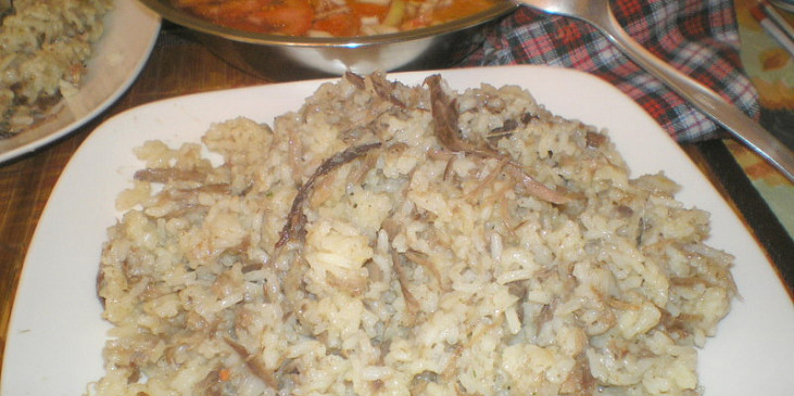Rizoto s masem z kachních krků+polévka (RYZETO Ss masem z kachních krků)
