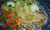Žloutkové vepřové plecko na pórku s dušenou zeleninkou-odlehčené přírodní menu, Vepřové plecko na pórku s dušenou zeleninou