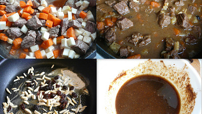 Hovězí na zelenině - netradičně, nahoře:dusíme+hotovo; dole: přídavné ingredience