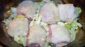 Lovecké kuřecí kousky v zelenině s nivou, přelité mandarínkovou šťávou, na osmažené cibulce a česneku opečeme maso...