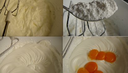 Základní piškotové těsto, Tuhý sníh/přidáme cukr/sníh s cukrem/přidáme žloutky