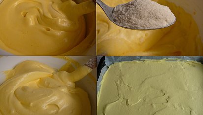 Základní piškotové těsto, Přimíchané žloutky/přidáme mouku/hotové těsto/před pečením