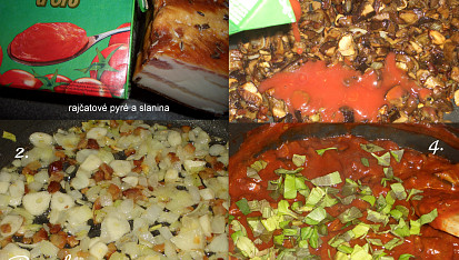 Houbové lasagne s rajčatovým pyré, slaninou a bazalkou