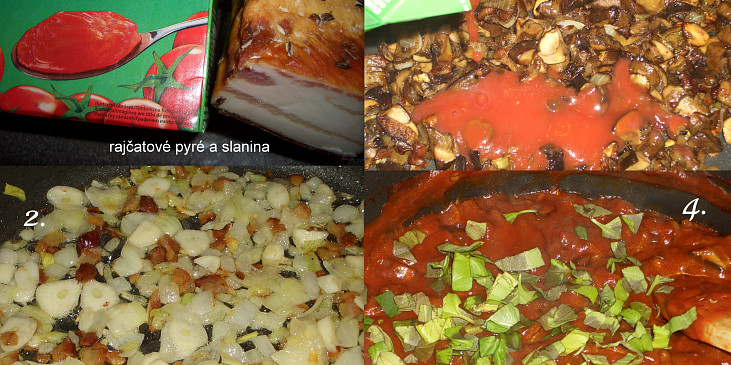Houbové lasagne s rajčatovým pyré, slaninou a bazalkou