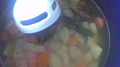 Krémová zeleninová polévka s mladou cibulkou, zeleninu stačí uvařit v menším množství vody,aby při mixování tekutina nešplíchala a pak vodu dolít