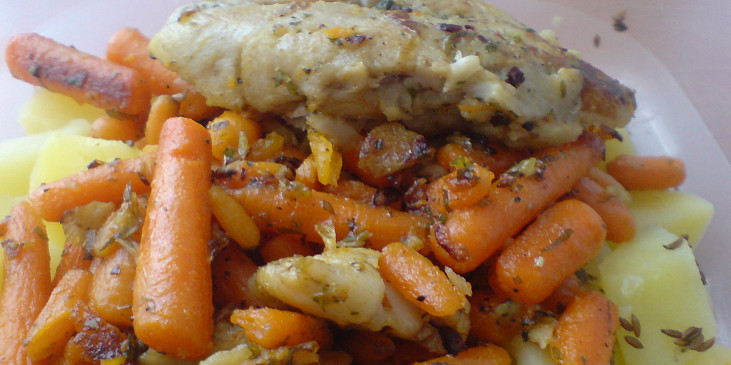 Štikozubec s mrkví a bazalkou (Rychlý oběd do práce) (Oběd do práce, již připravený v krabičce 8))