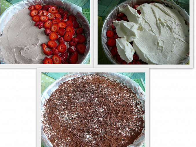 Čoko-malinový/jahodový dort, vrstvení dortu (stěny vyloženy igelitem)