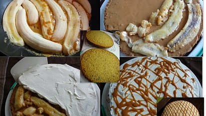 Banánovo-karamelový dort, restování banánů;banány na karamel;na to šlehačka a přiložit druhý korpus