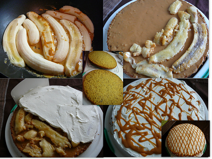 Banánovo-karamelový dort, restování banánů;banány na karamel;na to šlehačka a přiložit druhý korpus