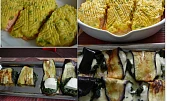 Losos v bylinkové krustě a lilkové lasagne, vlevo před pečením; vpravo upečeno