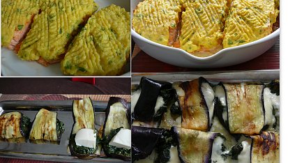 Losos v bylinkové krustě a lilkové lasagne, vlevo před pečením; vpravo upečeno