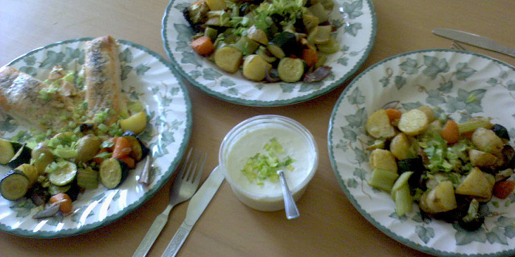Pečená zelenina (nas obed - s rybickou pro pritele, samostatne pro…)