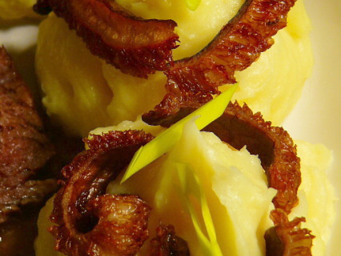 Kližka na hříbcích a křemenáčích s česnekovou bramborovou kaší a hlívovými hranolky, hlívové hranolky