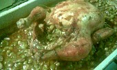 Kuře na porku se žampiony a hráškem,  plněné hermelínem