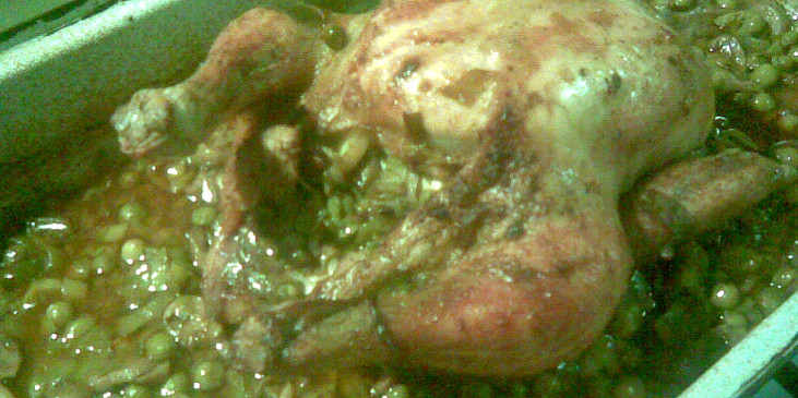 Kuře na porku se žampiony a hráškem,  plněné hermelínem