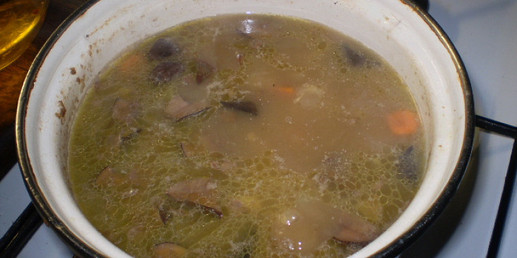 Čočkovo-kroupová polévka s houbami (vaříme...)