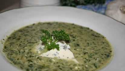 Špenátová polévka se zakysanou smetanou a nivou