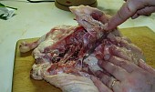 Vykosťování kuřete (noz tlacime stale popri kosti)