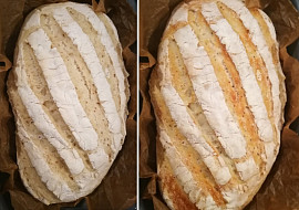 Jednoduchý domácí chleba (Před odklopením poklice a po 8min bez poklice. Úžasná kůrka! )
