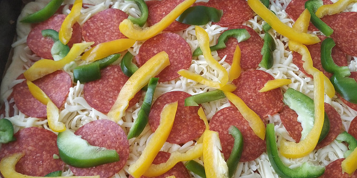 Pizza na plech (... sýr, salám a papriku.)